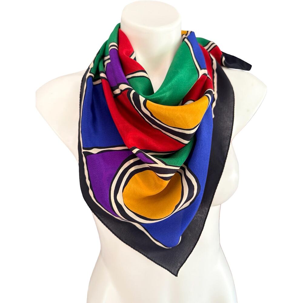 Vintage Echo Silk Chiffon Scarf Geometric Circles Primary Colors Bold 33x34 - Picture 6 of 11
